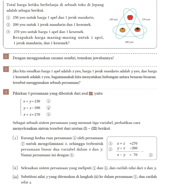 Total harga ketika berbelanja di sebuah toko di Jepang
adalah sebagai berikut.
① 230 yen untuk harga 1 apel dan 1 jeruk mandarin. 
② 200 yen untuk 1 jeruk mandarin dan 1 kesemek.
③ 270 yen untuk harga 1 apel dan 1 kesemek.
Berapakah harga masing-masing untuk 1 apel,
1 jeruk mandarin, dan 1 kesemek? 
1 Dengan menggunakan caramu sendiri, temukan jawabannya!
2 Jika kita misalkan harga 1 apel adalah x yen, harga 1 jeruk mandarin adalah y yen, dan harga
1 kesemek adalah z yen, bagaimanakah kita menyatakan hubungan antara besaran-besaran
tersebut menggunakan sebuah persamaan?
3 Pikirkan 3 persamaan yang dibentuk dari soal yaitu
beginarrayl x+y=230 y+z=200 x+z=270endarray.
Sebagai sebuah sistem persamaan yang memuat tiga variabel, perhatikan cara
menyelesaikan sistem tersebut dari urutan (I) - (III) berikut.
( i ) Kurangi kedua ruas persamaan ③ oleh persamaan
② untuk mengeliminasi z, sehingga terbentuk ③ x+z=270
persamaan linear dua variabel dalam x dan y. ②  (y+z=200)/x-y=70 -
Namai persamaan ini dengan ④.
(ii) Selesaikan sistem persamaan yang meliputi ① dan ④, dan carilah nilai dari x dan y.
(iii) Substitusi nilai y yang ditemukan di langkah (ii) ke dalam persamaan ②, dan carilah
nilai z
