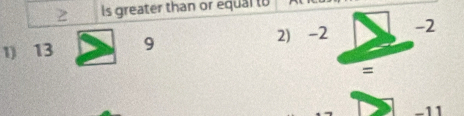 Is greater than or equal to 
1) 13 2) -2
-2
9
=
-11