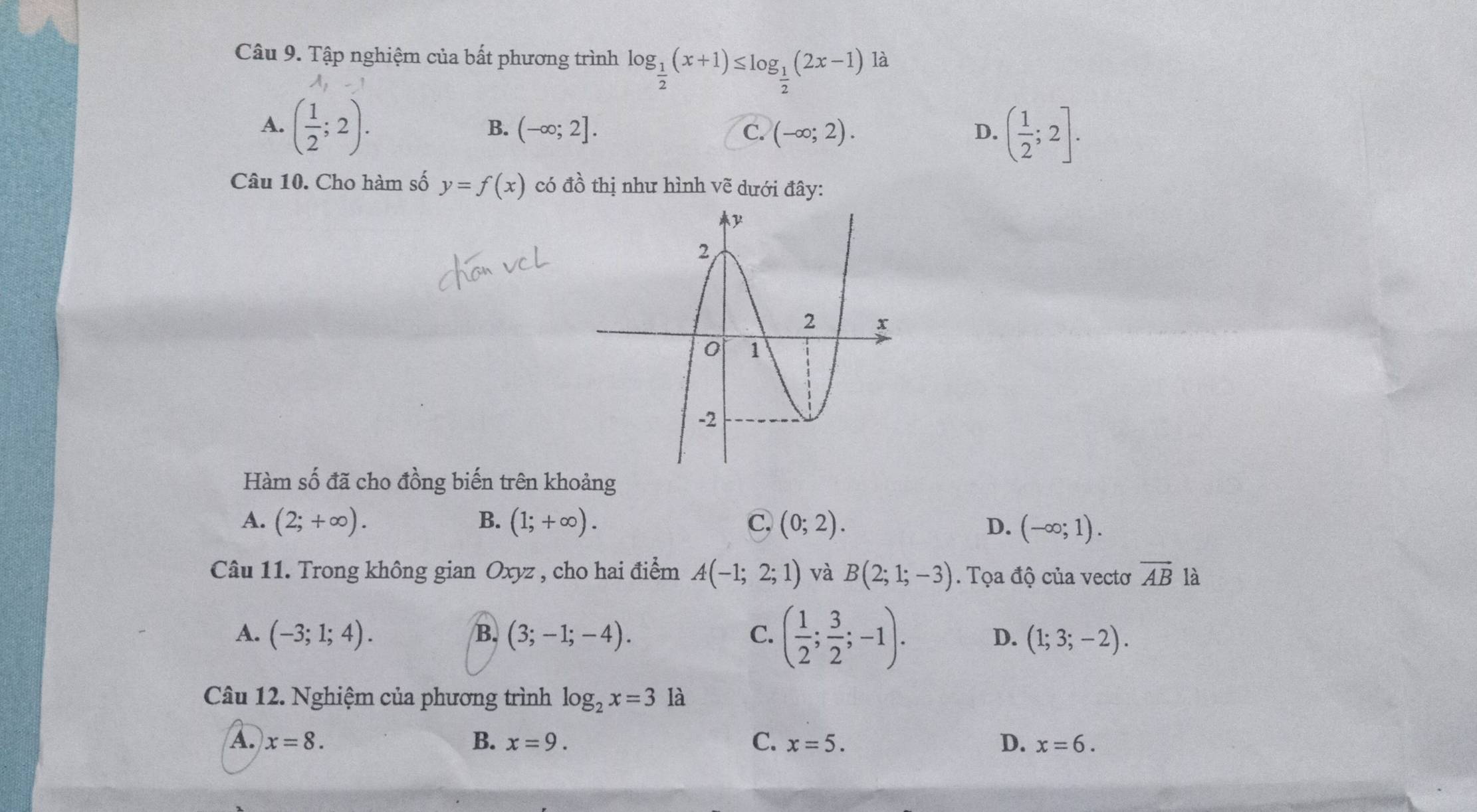 Tập nghiệm của bất phương trình log _ 1/2 (x+1)≤ log _ 1/2 (2x-1) là
1,
A. ( 1/2 ;2).
B. (-∈fty ;2]. (-∈fty ;2). 
C.
D. ( 1/2 ;2]. 
Câu 10. Cho hàm số y=f(x) có đồ thị như hình vẽ dưới đây:
Hàm số đã cho đồng biến trên khoảng
A. (2;+∈fty ). B. (1;+∈fty ). C, (0;2). D. (-∈fty ;1). 
Câu 11. Trong không gian Oxyz , cho hai điểm A(-1;2;1) và B(2;1;-3). Tọa độ của vectơ vector AB là
A. (-3;1;4). B. (3;-1;-4). C. ( 1/2 ; 3/2 ;-1). D. (1;3;-2). 
Câu 12. Nghiệm của phương trình log _2x=3 là
A. x=8. B. x=9. C. x=5. D. x=6.