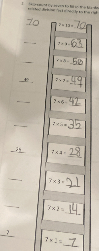 Skip-count by seven to fill in the blanks
related division fact directly to the righ
_
_
_
49
_
_
_28
_
_
_
__7
_
7* 1=