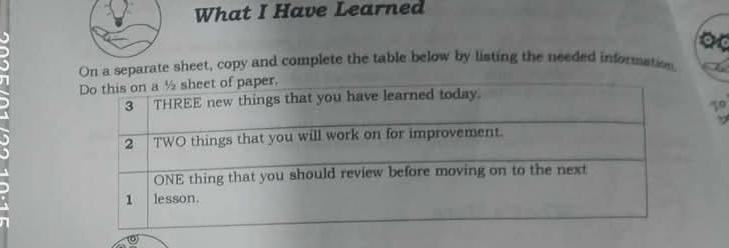 What I Have Learned 
On a separate sheet, copy and complete the table below by listing the needed information. 
50