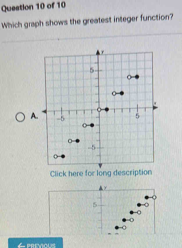 Which graph shows the greatest integer function?
A
Click here for long description
PREVIOUS
