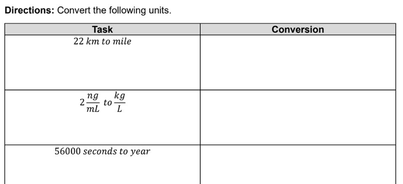 Directions: Convert the following units.