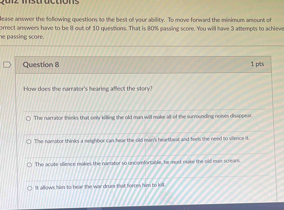 2a z mstractións 
lease answer the following questions to the best of your ability. To move forward the minimum amount of 
orrect answers have to be 8 out of 10 questions. That is 80% passing score. You will have 3 attempts to achieve 
he passing score.