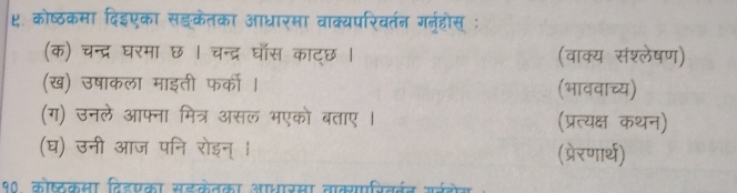 ४. कोष्ठकमा दिइएका सङकेतका आधारमा वाक्यपरिवर्तन गर्नुहोस् ः 
(क) चन्द्र घरमा छ । चन्द्र घॉस काट्छ। (वाक्य संश्लेषण) 
(ख) उषाकला माइती फर्को । (भाववाच्य) 
(ग) उनले आफ्ना मित्र असल भएको बताए। (प्रत्यक्ष कथन) 
(घ) उनी आज पनि रोइन् । (प्रेरणार्थ) 
90 कोष्ठकसा दिडएका सडकेतका आधारसा वाक्यपरिवर्बन गर्रडोग