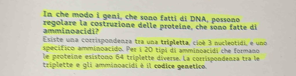 In che modo i geni, che sono fatti di DNA, possono
regolare la costruzione delle proteine, che sono fatte di
amminoacidi?
Esiste una corrispondenza tra una tripletta, cioè 3 nucleotidi, e uno
specifico amminoacido. Per i 20 tipi di amminoacidi che formano
le proteine esistono 64 triplette diverse. La corrispondenza tra le
triplette e gli amminoacidi è il codice genetico.