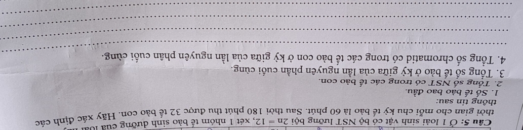 Ở 1 loài sinh vật có bộ NST lưỡng bội 2n=12 , xét 1 nhóm tế bào sinh dưỡng của lóa 
thời gian cho mỗi chu kỳ tế bảo là 60 phút. Sau thời 180 phút thu được 32 tế bào con. Hãy xác định các 
thông tin sau: 
1. Số tế bào bao đầu. 
2. Tổng số NST có trong các tế bào con. 
3. Tổng số tế bảo ở kỳ giữa của lần nguyên phần cuối cùng. 
_ 
4. Tổng số chromatid có trong các tế bào con ở kỳ giữa của lần nguyên phân cuối cùng. 
_ 
_ 
_