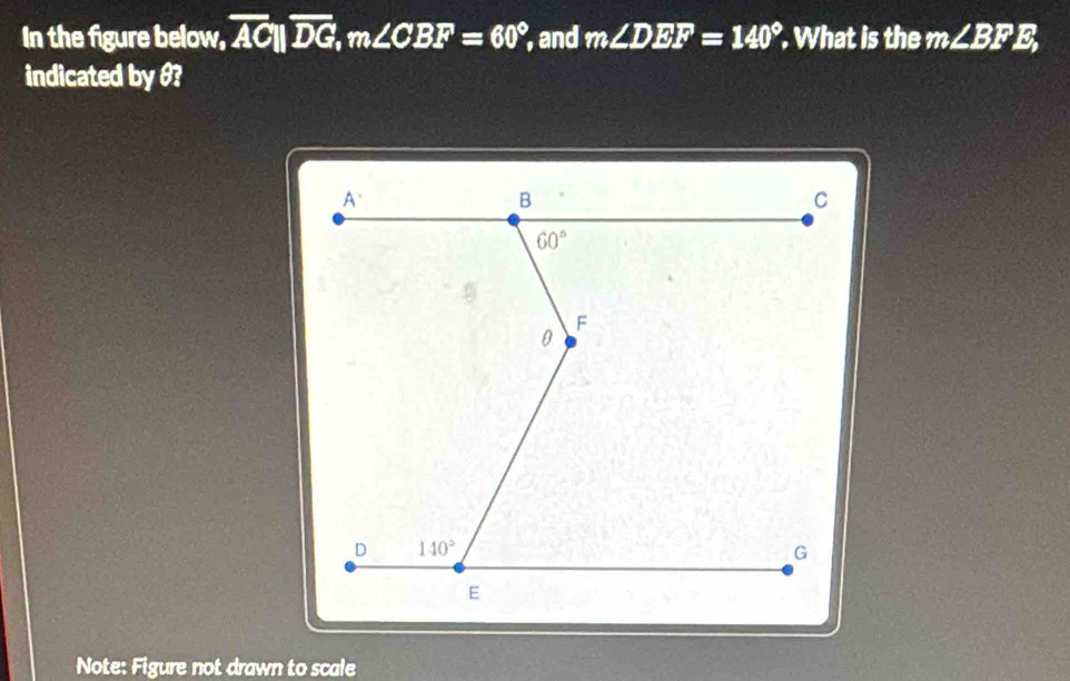 In the figure below, overline ACparallel overline DG,m∠ CBF=60°, , and m∠ DEF=140°. What is the m∠ BFE,
indicated by θ?
Note: Figure not drawn to scale