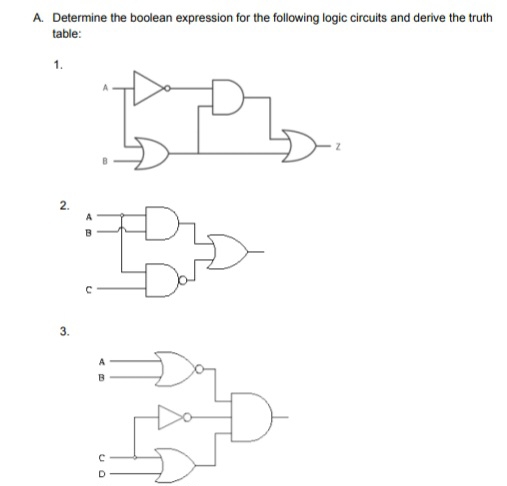 Determine the boolean expression for the following logic circuits and derive the truth 
table: 
1. 
2. 
3.