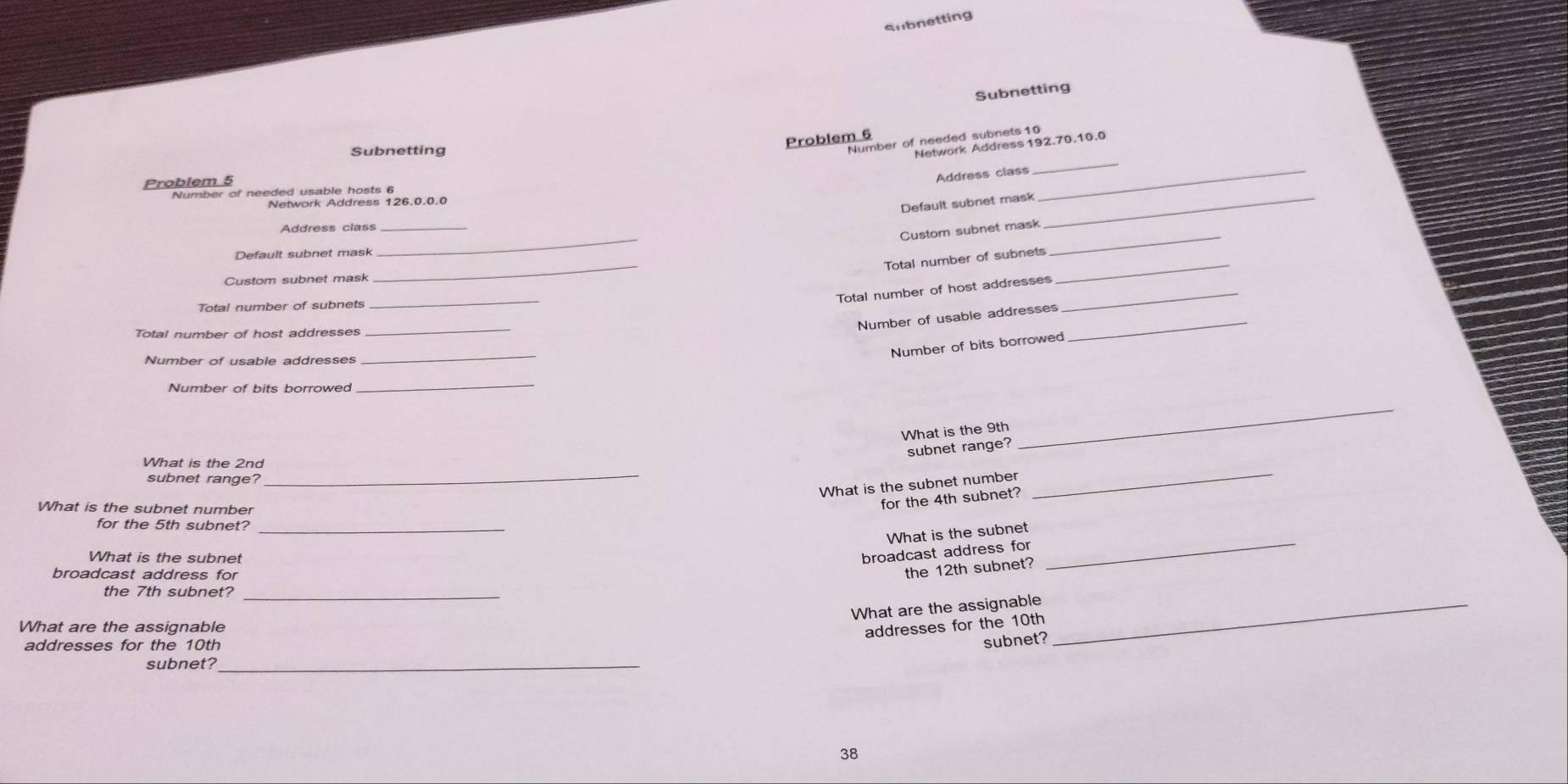 Subnetting 
Subnetting 
Problem 6 
_ 
Subnetting 
Number of needed subnets10 
Network Address 192.70.10.0
Problem 5 
Address class 
Number of needed usable hosts 6
Network Address 126.0.0.0
_ 
Default subnet mask_ 
_ 
Address class_ 
Custom subnet mask_ 
_ 
Default subnet mask 
Total number of subnets 
Custom subnet mask 
Total number of host addresses_ 
_ 
Total number of subnets 
_ 
Total number of host addresses_ 
Number of usable addresses_ 
Number of usable addresses 
_ 
Number of bits borrowed 
_ 
What is the 9th
subnet range? 
_ 
_ 
_ 
What is the 2nd
subnet range? 
What is the subnet number 
What is the subnet number 
for the 4th subnet? 
for the 5th subnet?_ 
What is the subnet 
What is the subnet 
broadcast address for_ 
broadcast address for 
the 12th subnet? 
the 7th subnet?_ 
What are the assignable_ 
What are the assignable 
addresses for the 10th
addresses for the 10th
subnet? 
subnet?_ 
38