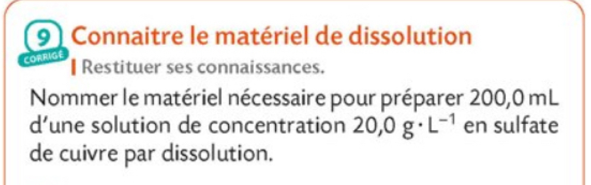 Connaitre le matériel de dissolution 
CORRIGE 
• Restituer ses connaissances. 
Nommer le matériel nécessaire pour préparer 200,0 mL
d’une solution de concentration 20,0g· L^(-1) en sulfate 
de cuivre par dissolution.