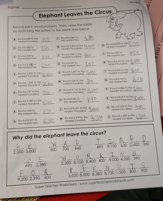 Rounding Name: Elephant Leaves the Circus _ Round each word problem ...