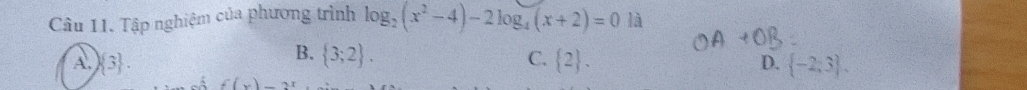 Tập nghiệm của phương trình log _2(x^2-4)-2log _4(x+2)=0 là
B.  3;2.
A.  3. C.  2. D.  -2;3. 
f()