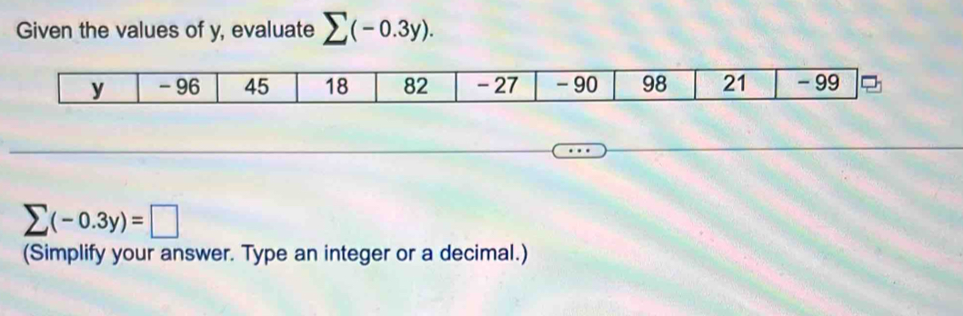 Given the values of y, evaluate sumlimits (-0.3y).
sumlimits (-0.3y)=□
(Simplify your answer. Type an integer or a decimal.)