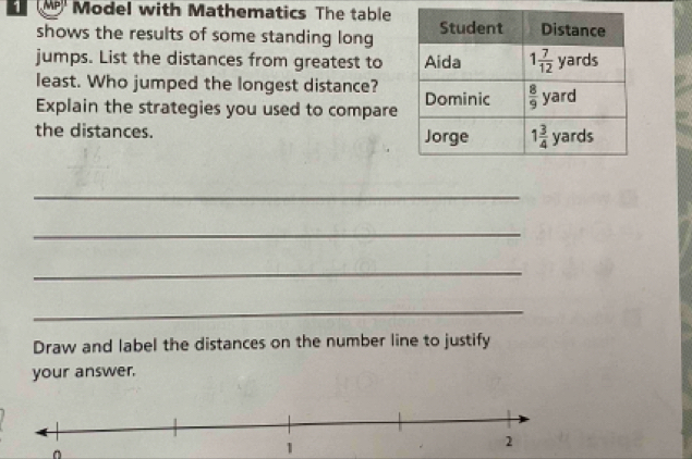 Model with Mathematics The table
shows the results of some standing long
jumps. List the distances from greatest to
least. Who jumped the longest distance? 
Explain the strategies you used to compare
the distances. 
_
_
_
_
Draw and label the distances on the number line to justify
your answer.