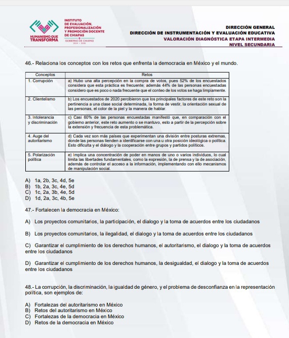 de evaluación. Instituto
y PROMOCIÓN DOCENTE Profesionalización Dirección de instrumentación y evaluación Educativa Dirección General
Humanismo qUE TRANSFORMA de chiapas
OCEP PNO DE CHLAPWS Valoración Diagnóstica etapa intermedia NIVEL SECUNDARIA
46.- Relaciona los conceptos con los retos que enfrenta la democracia en México y el mundo.
A) 1a, 2b, 3c, 4d, 5e
B) 1b, 2a, 3c, 4e, 5d
C) 1c, 2a, 3b, 4e, 5d
D) 1d, 2a, 3c, 4b, 5e
47.- Fortalecen la democracia en México:
A) Los proyectos comunitarios, la participación, el dialogo y la toma de acuerdos entre los ciudadanos
B) Los proyectos comunitarios, la ilegalidad, el dialogo y la toma de acuerdos entre los ciudadanos
C) Garantizar el cumplimiento de los derechos humanos, el autoritarismo, el dialogo y la toma de acuerdos
entre los ciudadanos
D) Garantizar el cumplimiento de los derechos humanos, la desigualdad, el dialogo y la toma de acuerdos
entre los ciudadanos
48.- La corrupción, la discriminación, la iqualdad de género, y el problema de desconfianza en la representación
política, son ejemplos de:
A) Fortalezas del autoritarismo en México
B) Retos del autoritarismo en México
C) Fortalezas de la democracia en México
D) Retos de la democracia en México