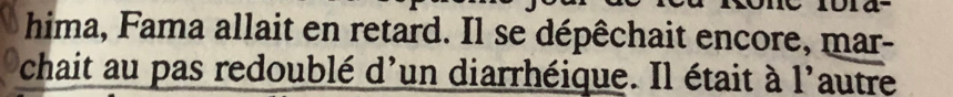 hima, Fama allait en retard. Il se dépêchait encore, mar- 
chait au pas redoublé d'un diarrhéique. Il était à l'autre