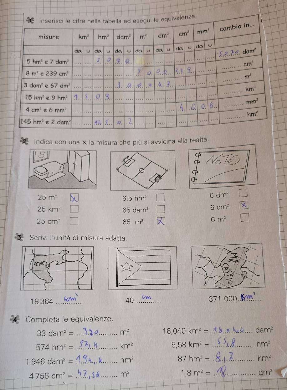 Indica con una × la misura che più si avvicina alla realtà.
25m^2
6,5hm^2
6dm^2
25km^2
65dam^2
6cm^2
25cm^2
65m^2
6m^2
Scrivi l'unità di misura adatta.
18364 _40_ 371000. _
Completa le equivalenze.
_ 33dam^2=
m^2
_ 16,040km^2=
dam^2
_ 574hm^2=
km^2
_ 5,58km^2=
hm^2
1946dam^2= _
hm^2
87hm^2= _
km^2
4756cm^2= _
m^2
_ 1,8m^2=
dm^2