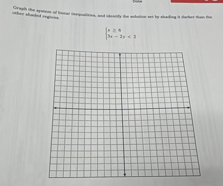 Date 
Graph the system of linear inequalities, and identify the solution set by shading it darker than the 
other shaded regions.
beginarrayl x≥ 6 3x-2y<2endarray.