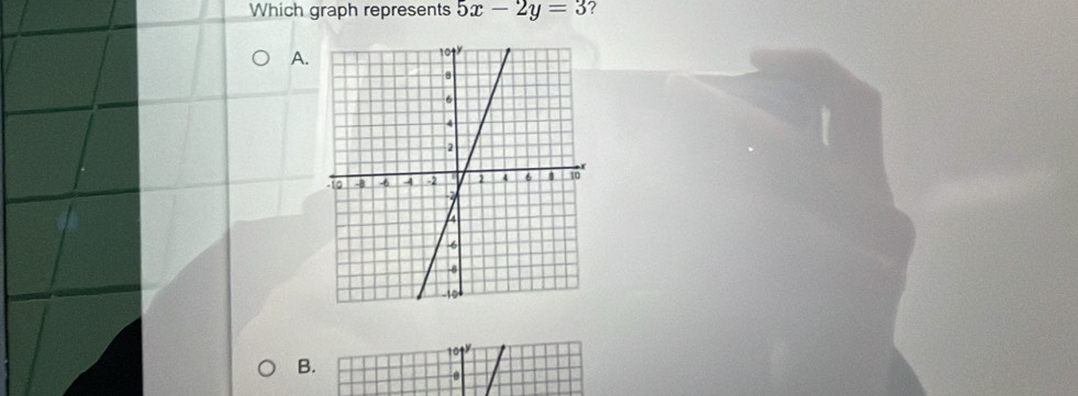 Which graph represents 5x-2y=3 ? 
A.
10 y
B.