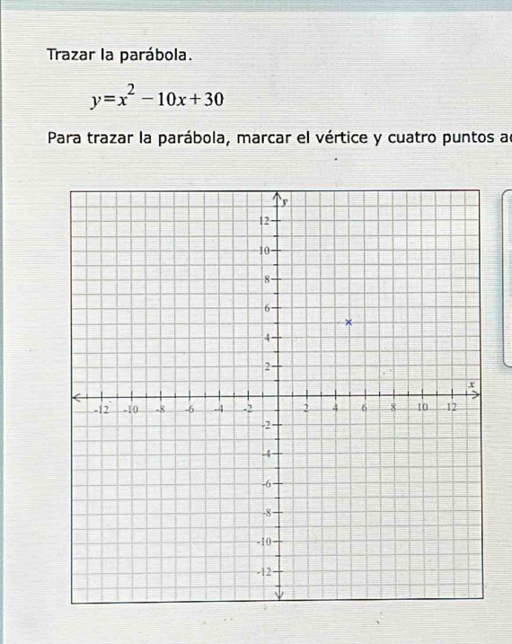 Trazar la parábola.
y=x^2-10x+30
Para trazar la parábola, marcar el vértice y cuatro puntos ac