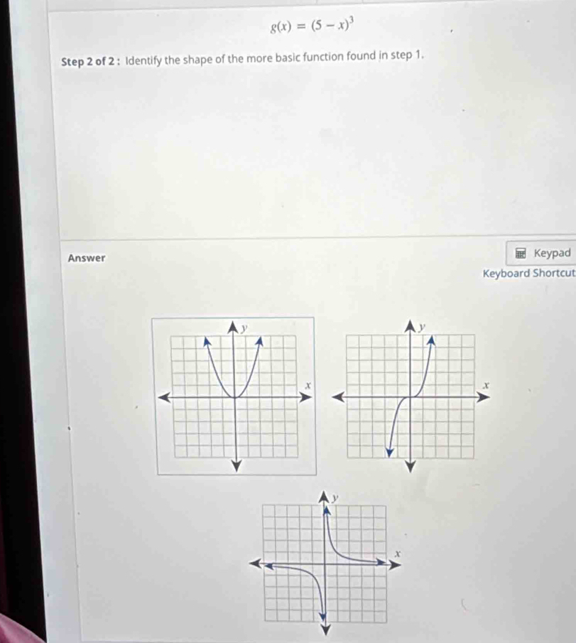 g(x)=(5-x)^3
Step 2 of 2 : Identify the shape of the more basic function found in step 1. 
Answer Keypad 
Keyboard Shortcut