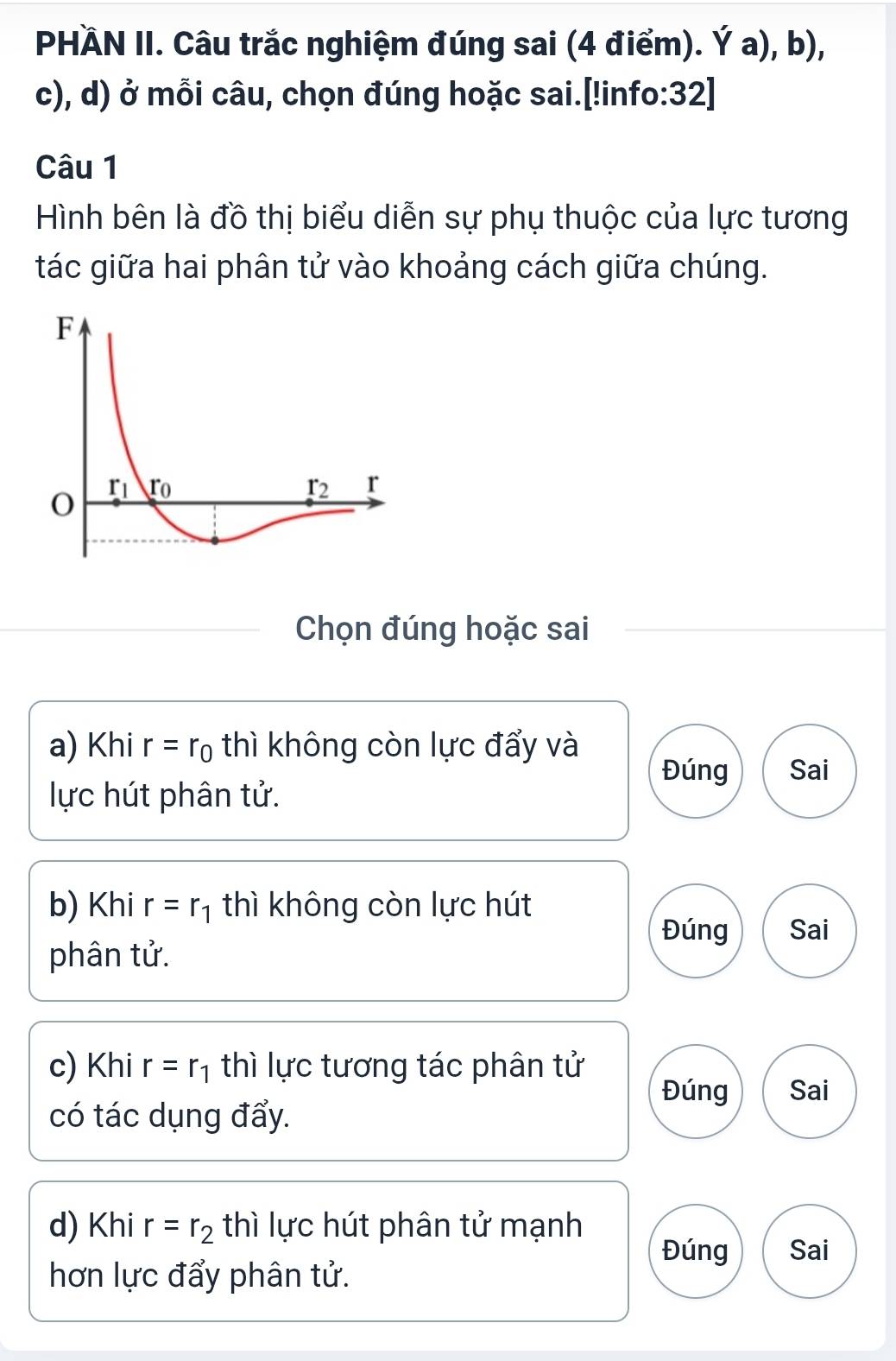 PHÄN II. Câu trắc nghiệm đúng sai (4 điểm). Ya),b)
c), d) ở mỗi câu, chọn đúng hoặc sai.[!info:32]
Câu 1
Hình bên là đồ thị biểu diễn sự phụ thuộc của lực tương
tác giữa hai phân tử vào khoảng cách giữa chúng.
Chọn đúng hoặc sai
a) Khi r=r_0 thì không còn lực đẩy và
Đúng Sai
lực hút phân tử.
b) Khi r=r_1 thì không còn lực hút
Đúng Sai
phân tử.
c) Khi r=r_1 thì lực tương tác phân tử
Đúng Sai
có tác dụng đẩy.
d) Khi r=r_2 thì lực hút phân tử mạnh
Đúng Sai
hơn lực đẩy phân tử.