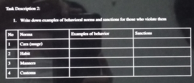 Task Description 2: 
1. Write down examples of behavioral norms and sanctions for those who violate them