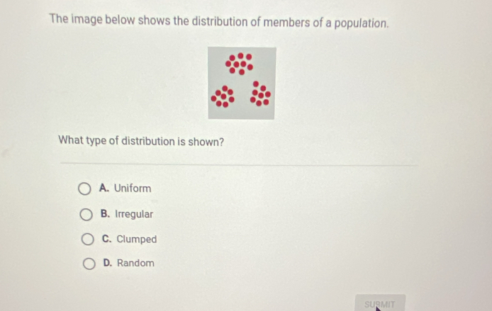 The image below shows the distribution of members of a population.
What type of distribution is shown?
A. Uniform
B. Irregular
C. Clumped
D. Random
SUBMIT