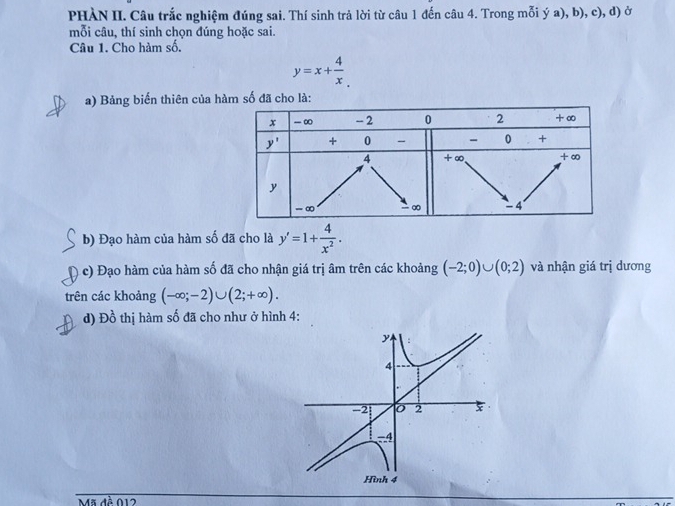 PHÀN II. Câu trắc nghiệm đúng sai. Thí sinh trả lời từ câu 1 đến câu 4. Trong mỗi ý a), b), c), d) ở
mỗi câu, thí sinh chọn đúng hoặc sai.
Câu 1. Cho hàm số.
y=x+ 4/x .
a) Bảng biến thiên của hàm số đã cho là:
b) Đạo hàm của hàm số đã cho là y'=1+ 4/x^2 .
c) Đạo hàm của hàm số đã cho nhận giá trị âm trên các khoảng (-2;0)∪ (0;2) và nhận giá trị dương
trên các khoảng (-∈fty ;-2)∪ (2;+∈fty ).
d) Đồ thị hàm số đã cho như ở hình 4:
Mã đề 012