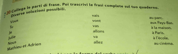 Collega le parti di frase. Poi trascrivi le frasi complete sul tuo quaderno. 
Diverse soluzioni possibili. 
vais au parc. 
Vous vont aux Pays-Bas. 
Tu vas à la maison. 
allons 
Je à Paris. 
Julie 
va à l'école. 
Mathieu et Adrien Nous 
allez au cinéma.