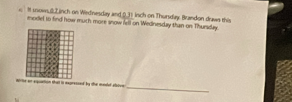 It snows 0.7 inch on Wednesday and 0.31 inch on Thursday. Brandon draws this 
model to find how much more snow fell on Wednesday than on Thursday. 
_ 
Write an equation that is expressed by the model above: