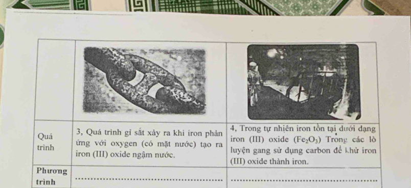 4, Trong tự nhiên iron tồn tại dưới dạng 
Quá 3, Quá trình gỉ sắt xảy ra khi iron phản iron (III) oxide (Fe_2O_3) Trong các lò 
trình ứng với oxygen (có mặt nước) tạo ra luyện gang sử dụng carbon đề khử iron 
iron (III) oxide ngậm nước. 
(III) oxide thành iron. 
Phương 
trình