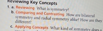 Reviewing Key Concepts 
1. a. Reviewing What is symmetry? 
b. Comparing and Contrasting How are bilateral 
symmetry and radial symmetry alike? How are they 
different? 
c. Applying Concepts What kind of symmetry does a