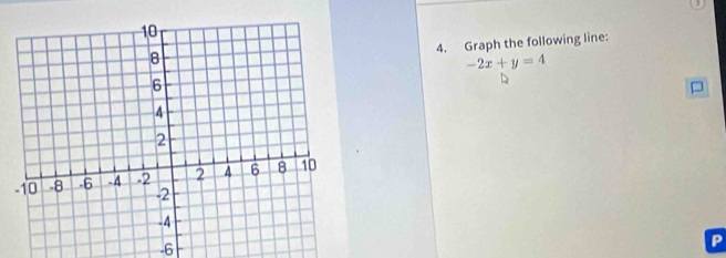 Graph the following line:
-2x+y=4
-6
P