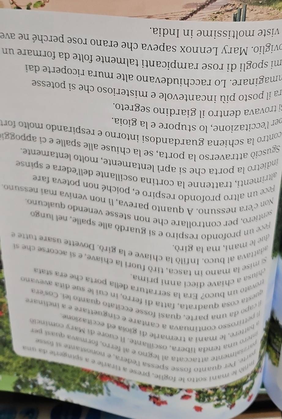 Infiló le mani sotto le foglie, prese a tirarle e a spingerle da una
parte. Per quanto fosse spessa l'edera, e nonostante si fosse
parzialmente attaccata al legno e al ferro, formava quast per
intero una tenda libera, oscillante. Il cuore di Mary comincle
a battere, le mani a tremarle di gioia ed eccitazione.
[l pettirosso continuava a cantare e cinguettare e a inclinare
j capo da una parte, quasi fosse eccítato quanto lei. Cos'era
questa cosa quadrata, fatta di ferro, in cuí le sue dita avevano
trovato un buco? Era la serratura della porta che era stata
chiusa a chiave dieci anni prima.
si mise la mano in tasca, tirò fuori la chíave, e si accorse che si
adattava al buco. Infilò la chiave e la girò. Dovette usare tutte e
due le mani, ma la girò.
Fece un profondo respiro e si guardó alle spalle, nel lungo
sentiero, per controllare che non stesse venendo qualcuno
Non c’era nessuno. A quanto pareva, lì non veniva mai nessuno.
Fece un altro profondo respiro e, poiché non poteva fare
altrimenti, trattenne la cortina oscillante dell’edera e spinse
indietro la porta che si aprì lentamente, molto lentamente.
Sgusciò attraverso la porta, se la chiuse alle spalle e ci appoggi
contro la schiena guardandosi intorno e respírando molto fort 
per l’'eccitazione, lo stupore e la gioia.
Si trovava dentro il giardino segreto.
ra il posto più incantevole e misterioso che si potesse
mmaginare. Lo racchiudevano alte mura ricoperte dai
mi spogli di rose rampicanti talmente folte da formare un
oviglio. Mary Lennox sapeva che erano rose perché ne ave
viste moltissime in India.