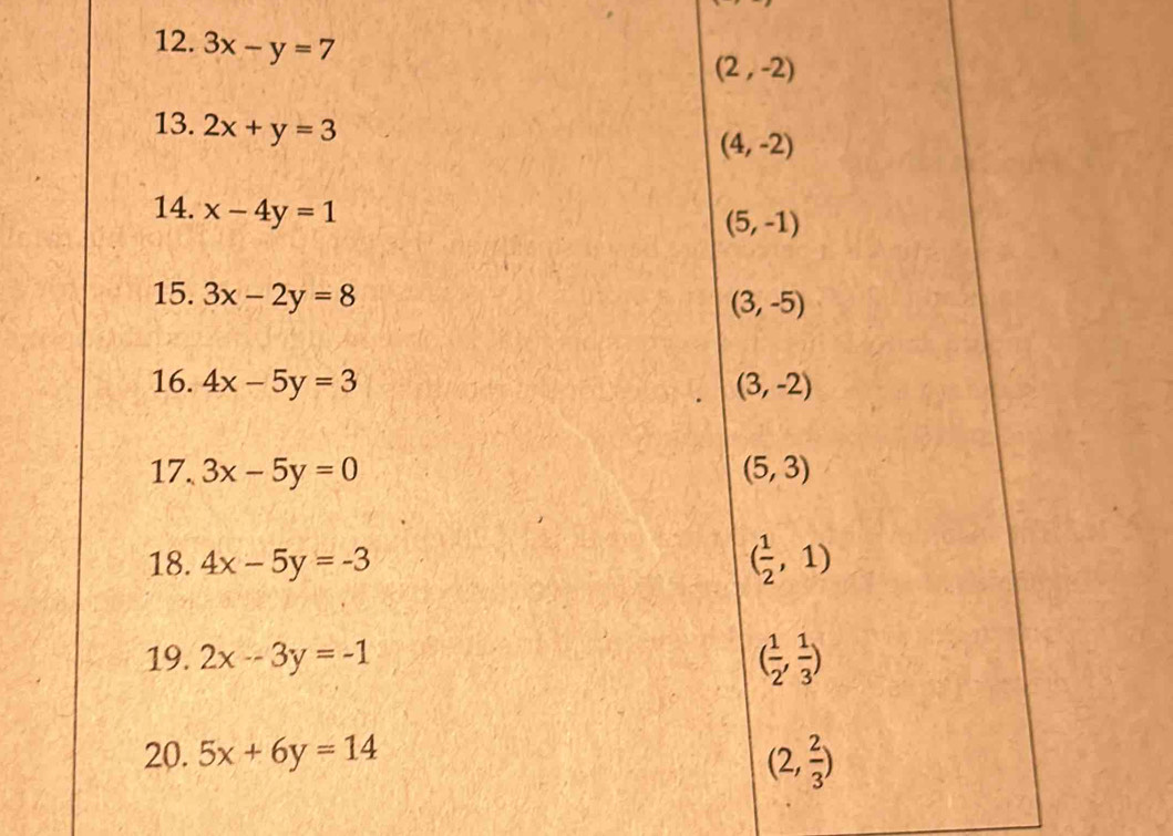 3x-y=7
(2,-2)
13. 2x+y=3
(4,-2)
14. x-4y=1
(5,-1)
15. 3x-2y=8
(3,-5)
16. 4x-5y=3 (3,-2)
17. 3x-5y=0 (5,3)
18. 4x-5y=-3
( 1/2 ,1)
19. 2x-3y=-1 ( 1/2 , 1/3 )
20. 5x+6y=14
(2, 2/3 )