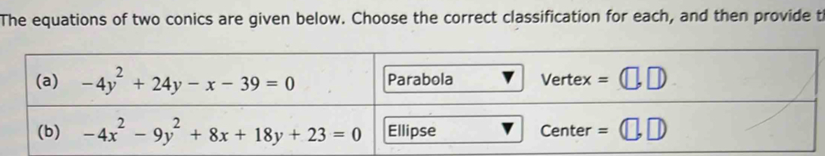 The equations of two conics are given below. Choose the correct classification for each, and then provide th