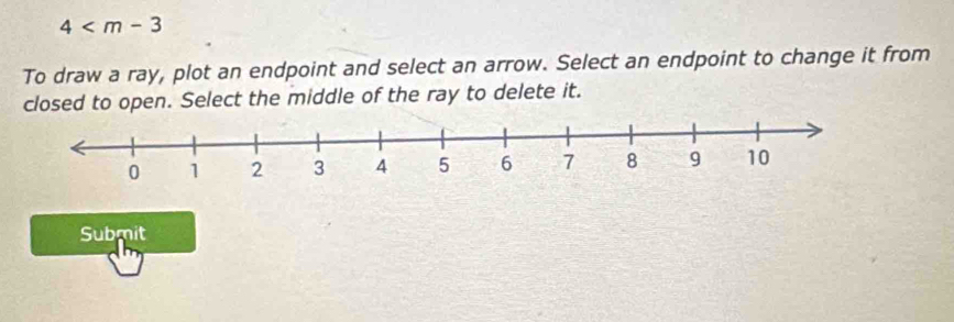 4
To draw a ray, plot an endpoint and select an arrow. Select an endpoint to change it from 
closed to open. Select the middle of the ray to delete it. 
Submit