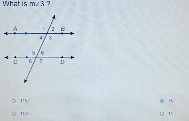 What is m∠ 3 ?
115°
75°
105°
15°