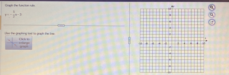 Graph the function rule.
y=- 1/2 x-3
a 
B 
Use the graphing tool to graph the line. 
Click to 
enlarge 
graph
10