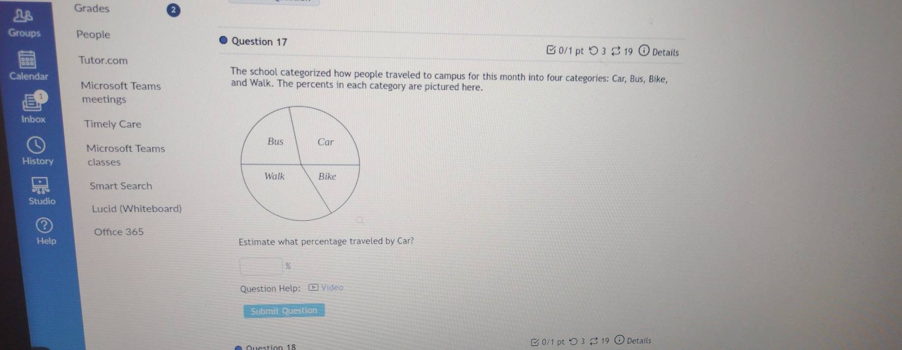 Grades 
Groups People 
Question 17 
□0/1 pt つ3 ⇄19 ① Details 
Tutor.com 
The school categorized how people traveled to campus for this month into four categories: Car, Bus, Bike, 
Calendar and Walk. The percents in each category are pictured here. 
Microsoft Teams 
meetings 
Inbox Timely Care 
Microsoft Teams 
History classes 
Smart Search 
Studio 
Lucid (Whiteboard) 
Office 365 
Help Estimate what percentage traveled by Car? 
□ 
Question Help: - Video 
Submit Question 
0/1 pt つ 3 % 19 ⓘ Details