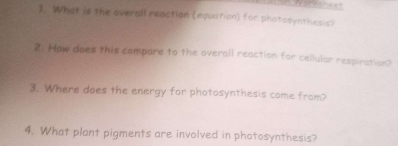 on Worksreet 
1. What is the overall reaction (equation) for photosynthesis? 
2. How does this compare to the overall reaction for cellular respiration? 
3. Where does the energy for photosynthesis come from? 
4. What plant pigments are involved in photosynthesis?