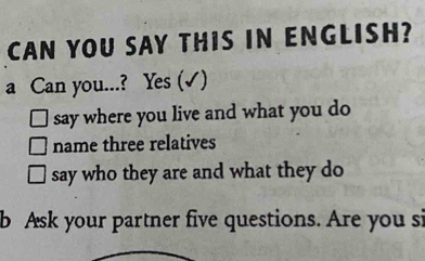 CAN YOU SAY THIS IN ENGLISH? 
a Can you..? Yes (√) 
say where you live and what you do 
name three relatives 
say who they are and what they do 
b Ask your partner five questions. Are you si