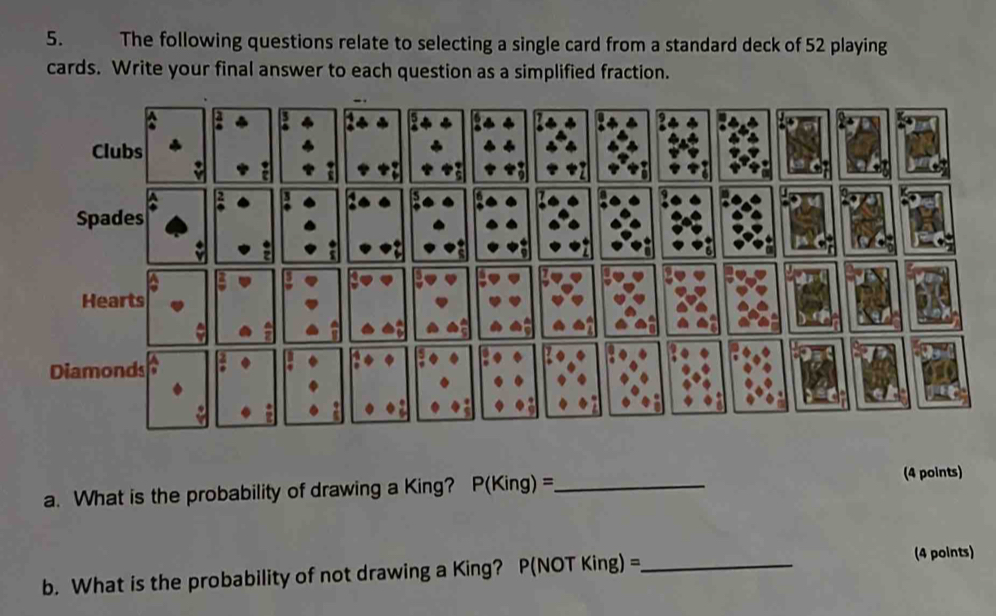 The following questions relate to selecting a single card from a standard deck of 52 playing 
cards. Write your final answer to each question as a simplified fraction. 
D 
a. What is the probability of drawing a King? P(King) = _ (4 points) 
b. What is the probability of not drawing a King? P(NOT King) = _ (4 points)