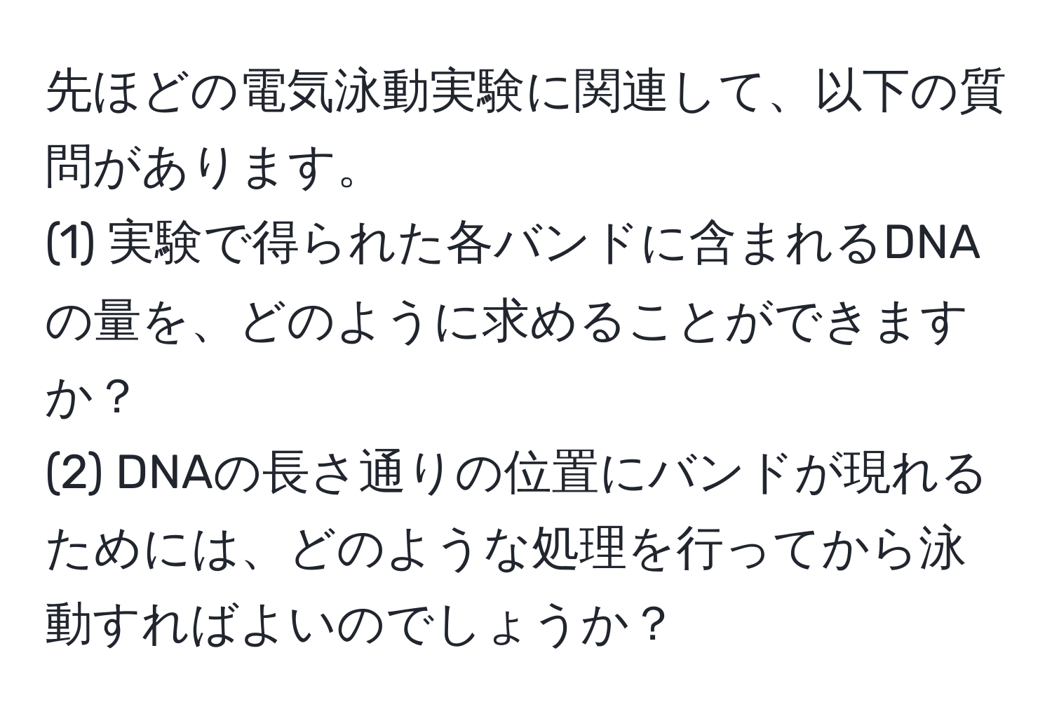 先ほどの電気泳動実験に関連して、以下の質問があります。  
(1) 実験で得られた各バンドに含まれるDNAの量を、どのように求めることができますか？  
(2) DNAの長さ通りの位置にバンドが現れるためには、どのような処理を行ってから泳動すればよいのでしょうか？