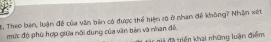 Theo bạn, luận đề của văn bản có được thể hiện rõ ở nhan đề không? Nhận xét 
mức độ phù hợp giữa nội dung của văn bản và nhan đề. 
đác giả đã triển khai những luận điểm