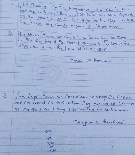 Hill Shading - In this mettods, only one coloir is used 
but the intersity (hickness) of the colour lome depend 
on the sleepness of the hill slope ine. Te higher a hill. 
the deepe the shade represe-ting it becomes 
2. Hatchures: These are short lines drawn down the slope 
in the direction of the slepest gradient. The Steper He 
Slope, He havier the lines which are uused. 
Diagram of Hatchures 
3. form lines: These are lines drawn on amop like contours 
but are based on estimation. They are not as accurale 
as confours and they represented by broken linec. 
Diagram of formlines. 
Soo
400
300
200
100