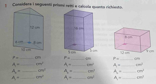 Considera i seguenti prismi retti e calcola quanto richiesto.

P= _ cm P= _ cm P= _ cm
A_1= _  cm^2 A_1= _  cm^2 A_1= _  cm^2
A_b= _ cm^2 A_b= _ cm^2 A_b= _  cm^2
A_t= _  cm^2 A_t= _  cm^2 A_t= _  cm^2