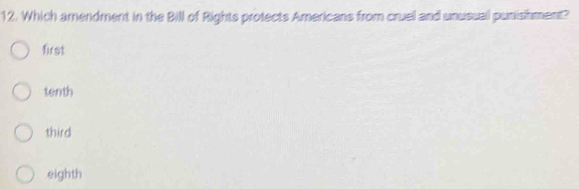 Which amendment in the Bill of Rights protects Americans from cruel and unusual punishment?
first
tenth
third
eighth